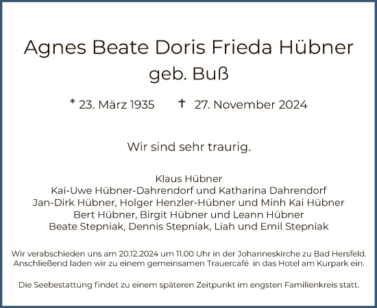 Traueranzeige von Agnes Beate Doris Frieda Hübner von HZ