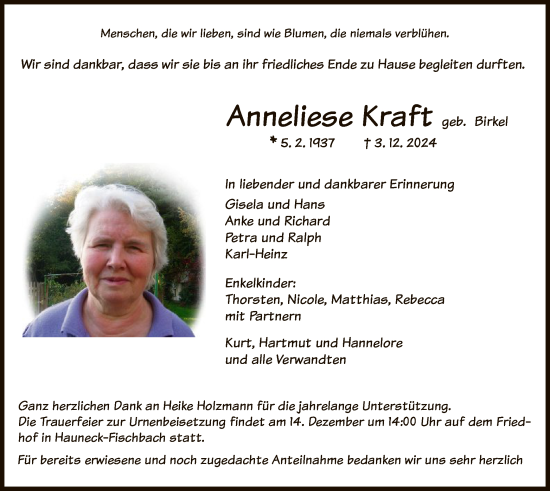 Traueranzeige von Anneliese Kraft von HZ