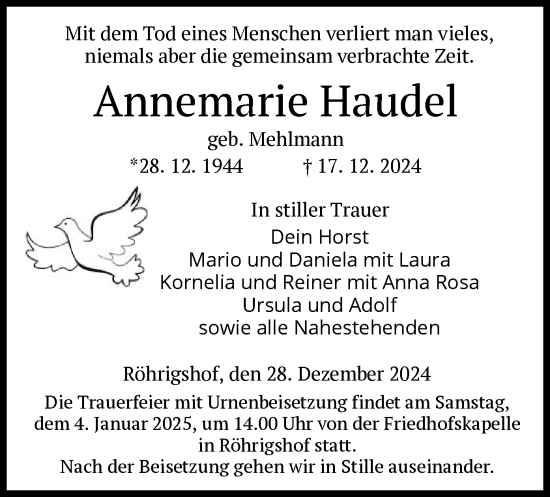 Traueranzeige von Annemarie Haudel von HZHNA