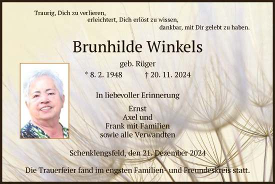 Traueranzeige von Brunhilde Winkels von HZHNA