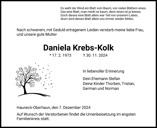 Traueranzeige von Daniela Krebs-Kolk von HZ