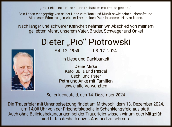 Traueranzeige von Dieter  Piotrowski von HZ