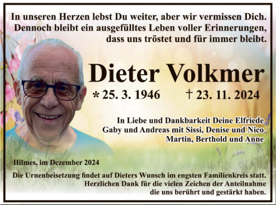 Traueranzeige von Dieter Volkmer von HZHNA