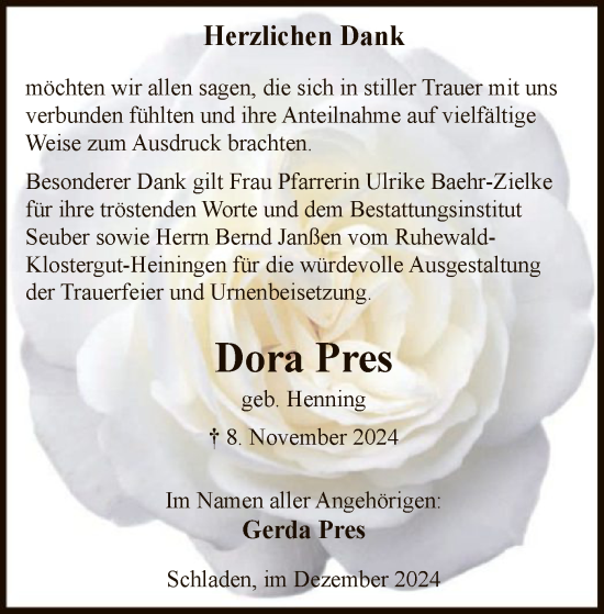 Traueranzeige von Dora Pres von HZ