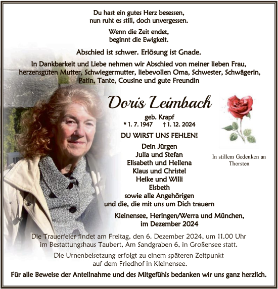 Traueranzeige von Doris Leimbach von HNAHZ