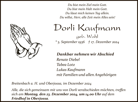 Traueranzeige von Dorli Kaufmann von HZ