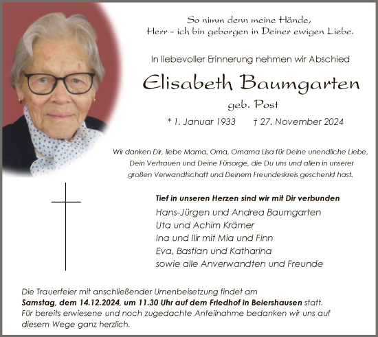 Traueranzeige von Elisabeth Baumgarten von HZ