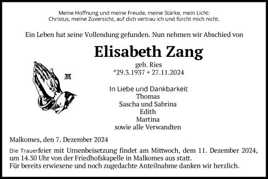 Traueranzeige von Elisabeth Zang von HZ