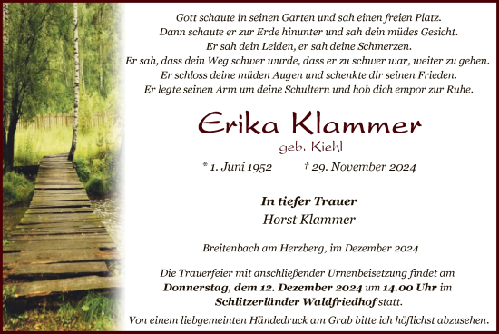 Traueranzeige von Erika Klammer von HZ