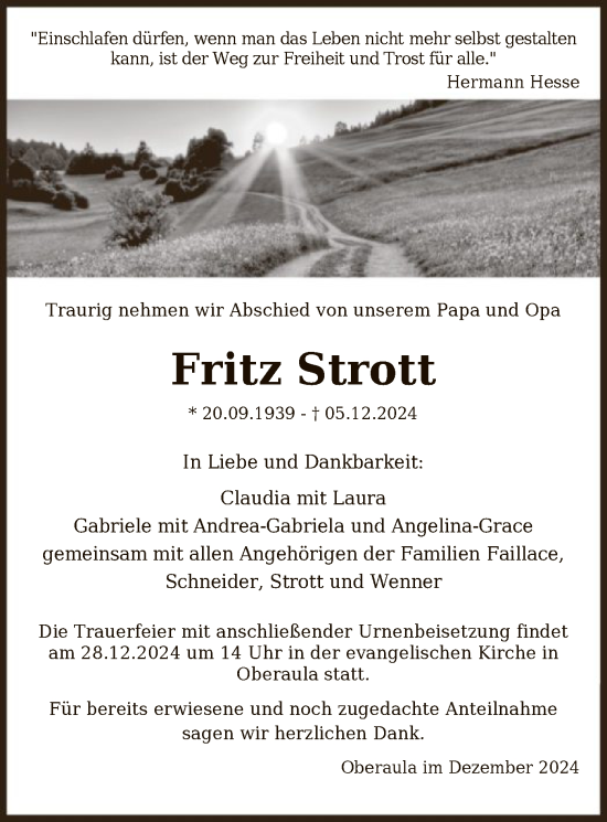 Traueranzeige von Fritz Strott von HNAHZ