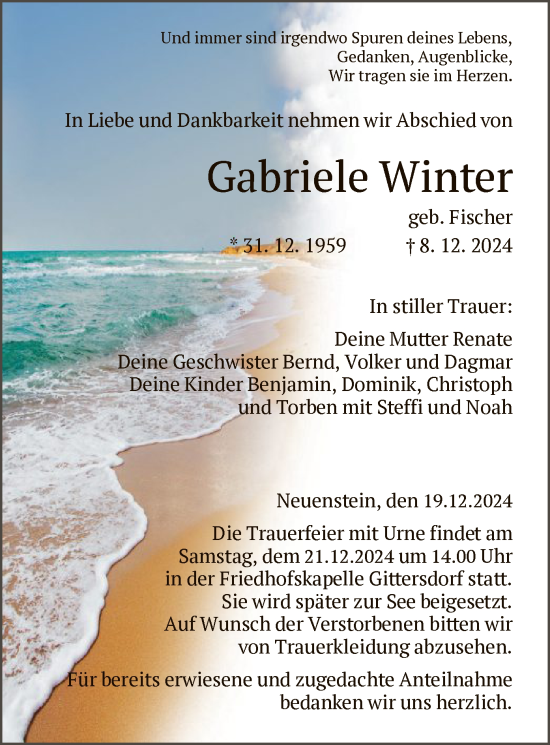 Traueranzeige von Gabriele Winter von HZ