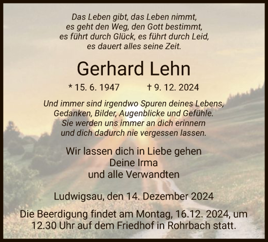 Traueranzeige von Gerhard Lehn von HZ