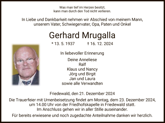 Traueranzeige von Gerhard Mrugalla von HZ