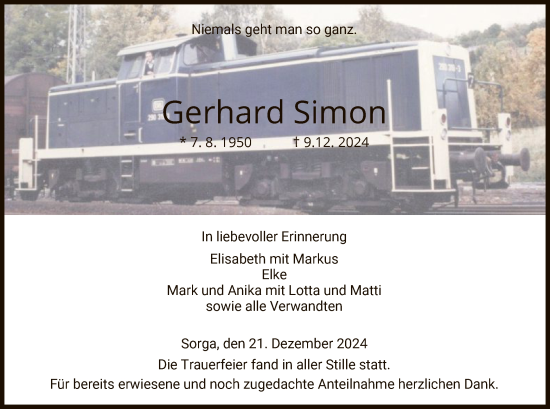 Traueranzeige von Gerhard Simon von HZ