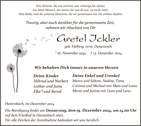 Traueranzeige von Gretel Ickler von HZ