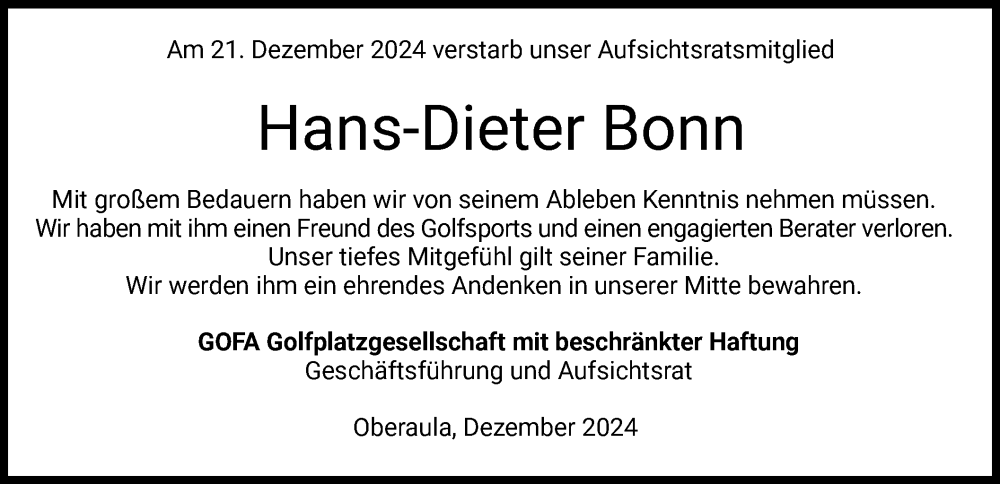  Traueranzeige für Hans-Dieter Bonn vom 27.12.2024 aus HZ