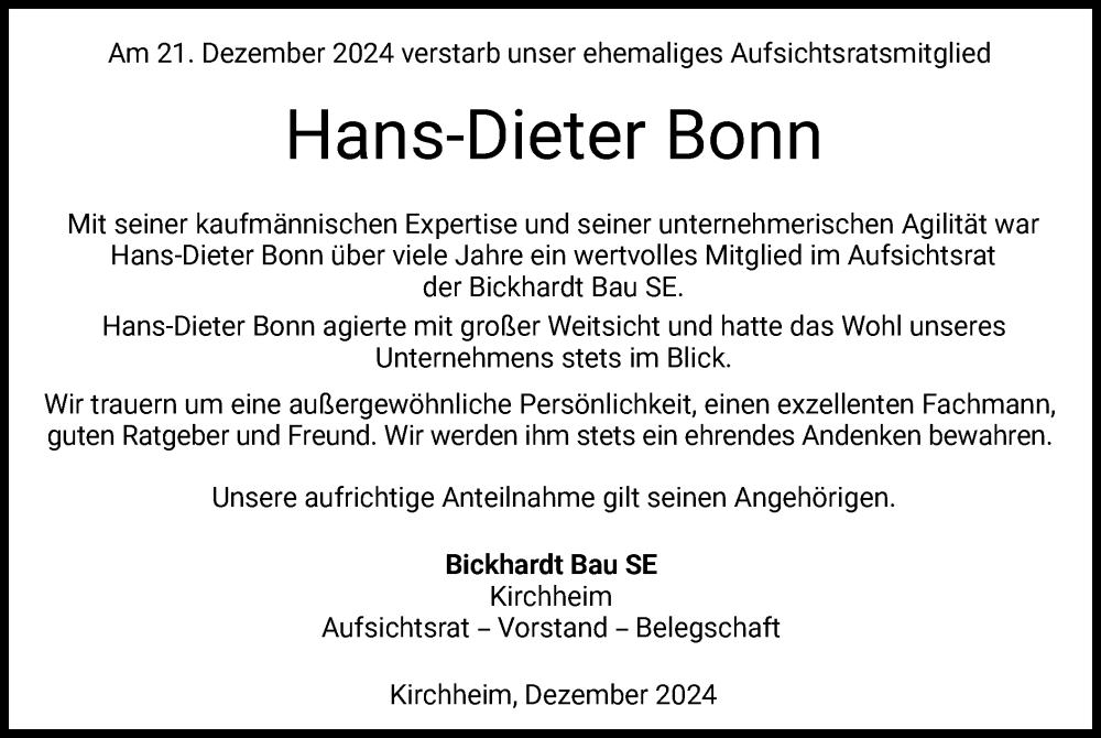  Traueranzeige für Hans-Dieter Bonn vom 27.12.2024 aus HZ