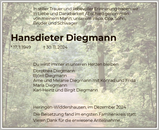 Traueranzeige von Hansdieter Diegmann von HZ