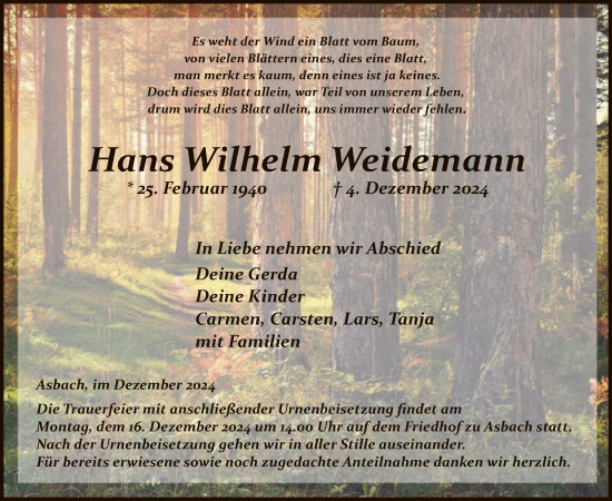 Traueranzeige von Hans Wilhelm Weidemann von HZHNA