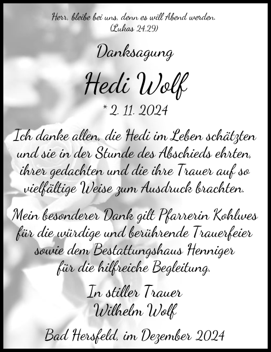 Traueranzeige von Hedi Wolf von HZ