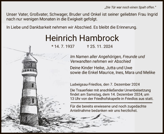 Traueranzeige von Heinrich Hambrock von HZ