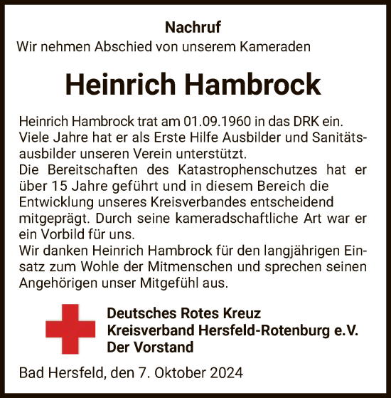 Traueranzeige von Heinrich Hambrock von HZ