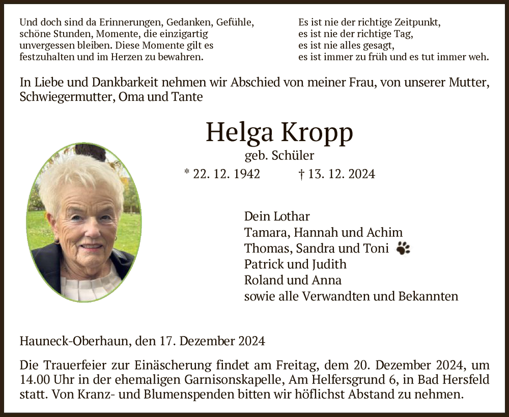  Traueranzeige für Helga Kropp vom 17.12.2024 aus HZ