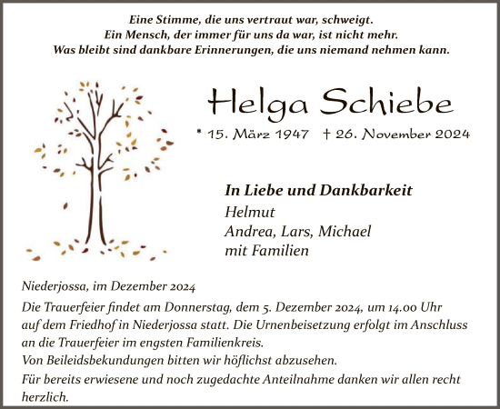 Traueranzeige von Helga Schiebe von HZ