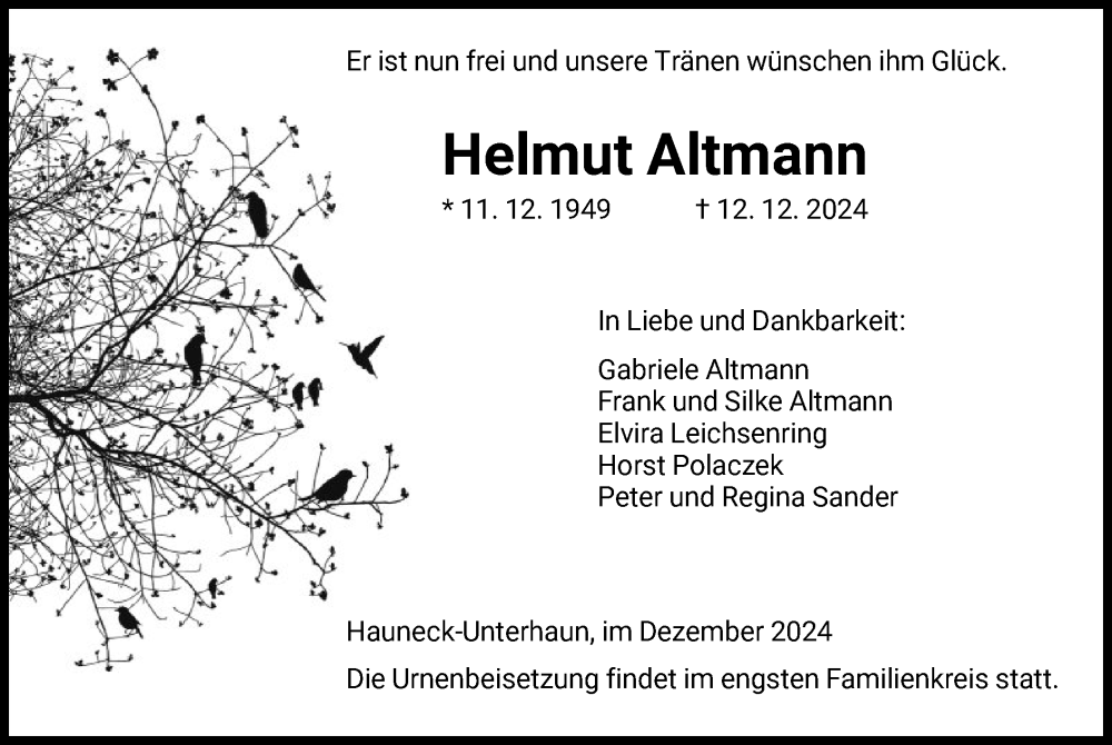  Traueranzeige für Helmut Altmann vom 21.12.2024 aus HZ