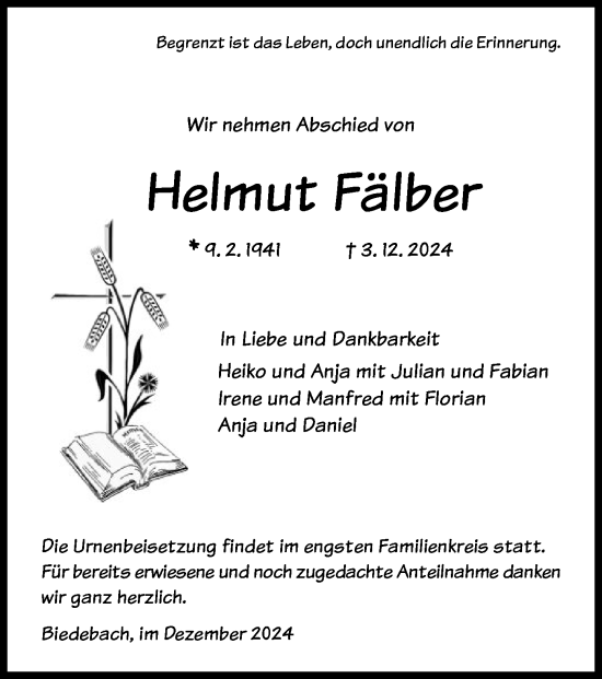 Traueranzeige von Helmut Fälber von HZHNA