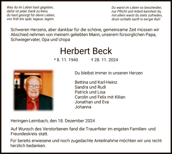 Traueranzeige von Herbert Beck von HZ