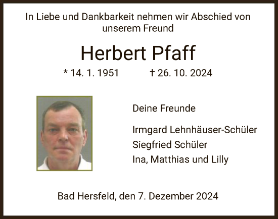 Traueranzeige von Herbert Pfaff von HZ