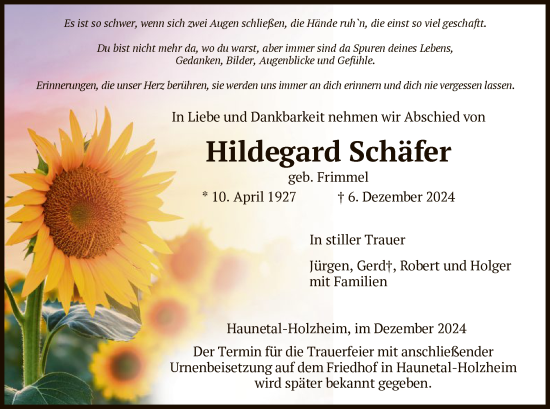 Traueranzeige von Hildegard Schäfer von HZ