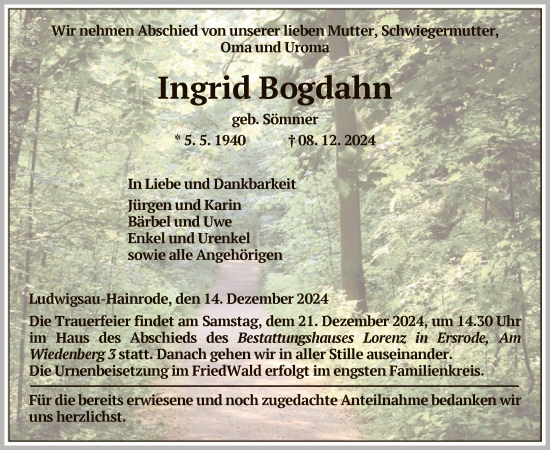 Traueranzeige von Ingrid Bogdahn von HZ