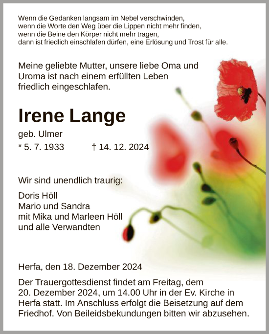 Traueranzeige von Irene Lange von HZ