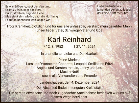 Traueranzeige von Karl Reinhard von HZ