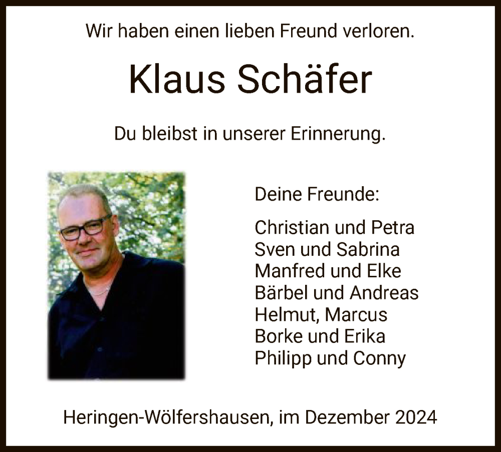  Traueranzeige für Klaus Schäfer vom 07.12.2024 aus HZHNA