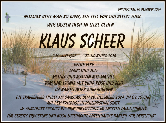 Traueranzeige von Klaus Scheer von HZHNA