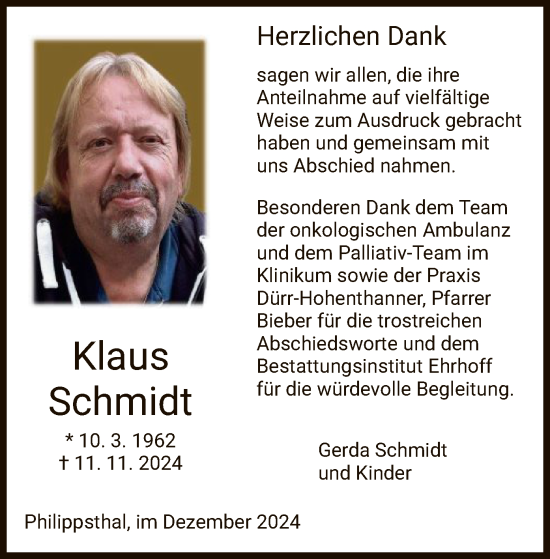 Traueranzeige von Klaus Schmidt von HZHNA