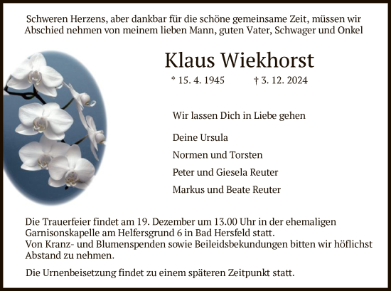 Traueranzeige von Klaus Wiekhorst von HZ