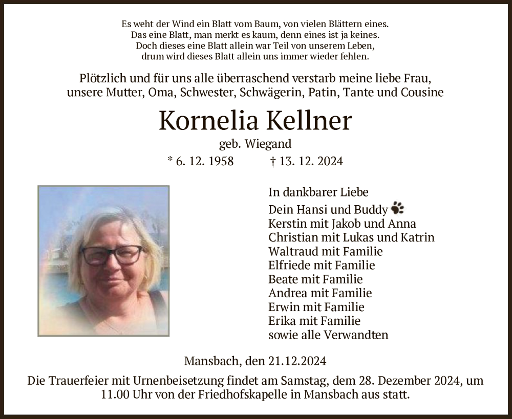  Traueranzeige für Kornelia Kellner vom 21.12.2024 aus HZ