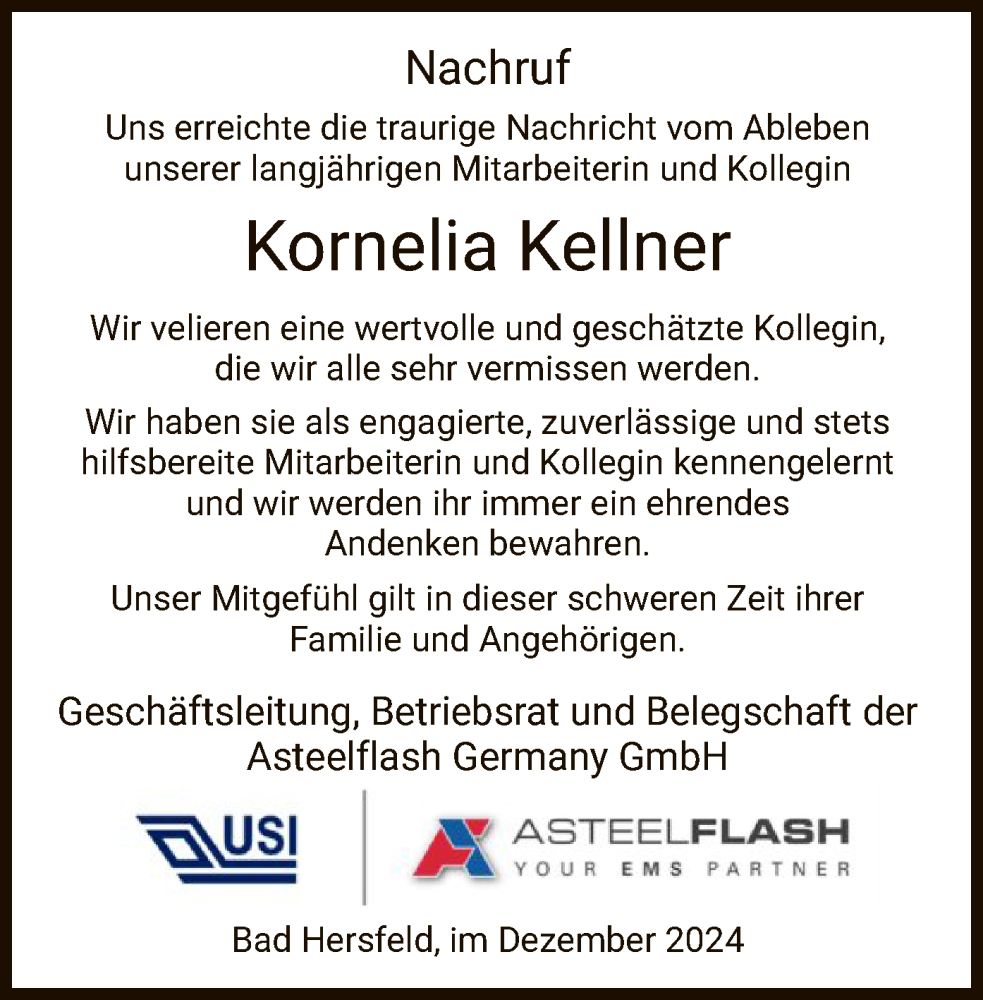  Traueranzeige für Kornelia Kellner vom 21.12.2024 aus HZ