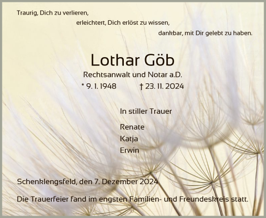 Traueranzeige von Lothar Göb von HZHNA