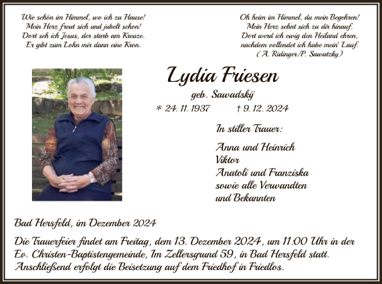 Traueranzeige von Lydia Friesen von HZ