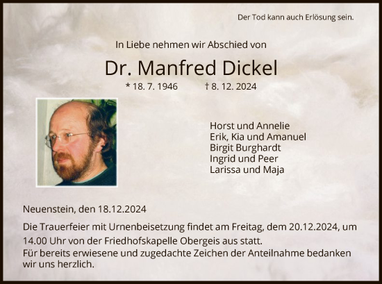 Traueranzeige von Manfred Dickel von HZ