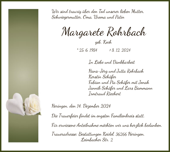 Traueranzeige von Margarete Rohrbach von HZ