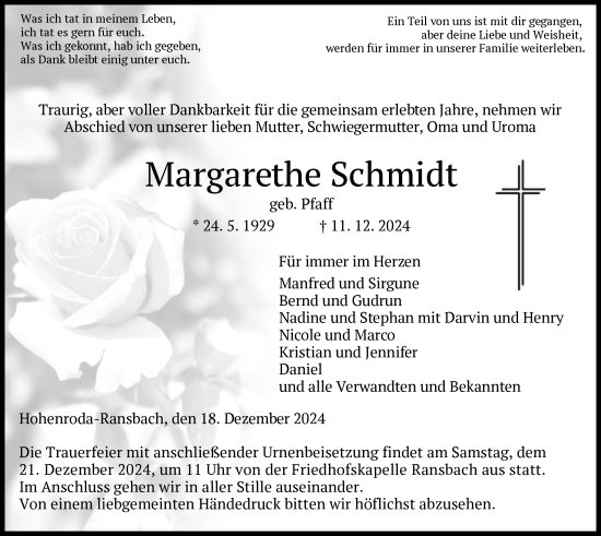 Traueranzeige von Margarethe Schmidt von HZ