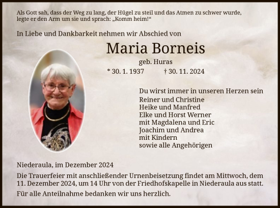 Traueranzeige von Maria Borneis von HZ