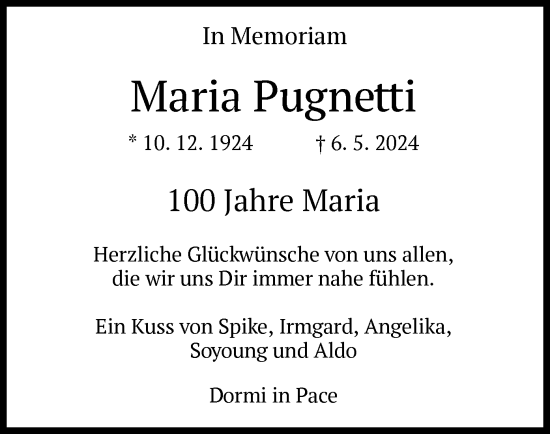 Traueranzeige von Maria Pugnetti von HZ