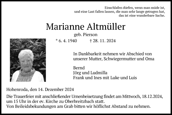 Traueranzeige von Marianne Altmüller von HZ